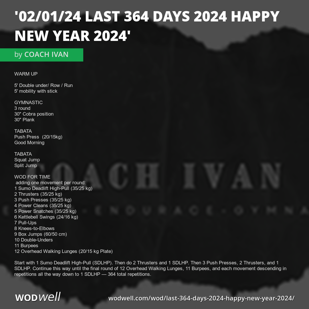 "02/01/24 LAST 364 DAYS 2024 HAPPY NEW YEAR 2024" Workout, Coach